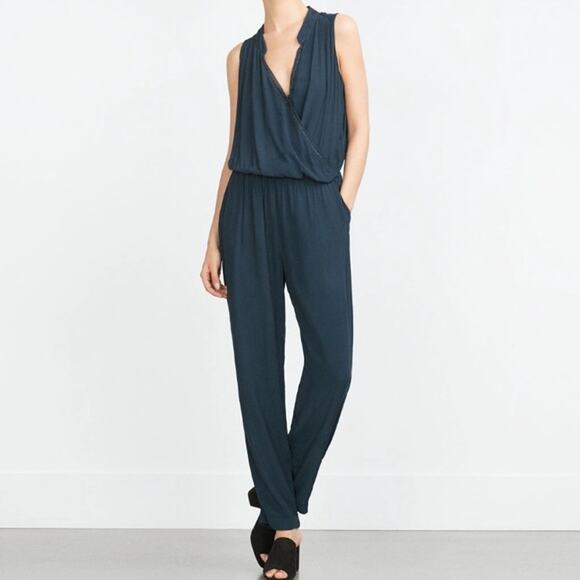 Zara Basic Beaded Surplice Neckline Jumpsuit Navy Blue - M‎ - Picture 1 of 10